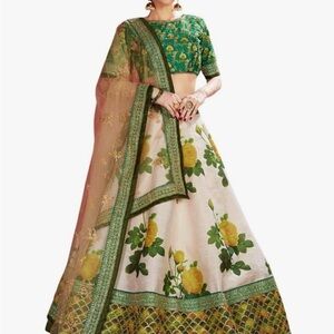 Green Embroidered Crop Blouse with Floral Lehenga Set